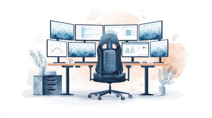 Poster - modern workspace featuring multiple monitors, ergonomic chair, and plants, creating productive and organized environment. Ideal for advanced learning and work
