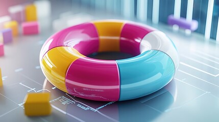 Poster - A D donut chart with vivid sections detaching from the circle, symbolizing data analysis, set in a modern, sleek digital space with floating numbers.