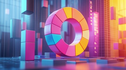 Poster - A D donut chart with vivid sections detaching from the circle, symbolizing data analysis, set in a modern, sleek digital space with floating numbers.