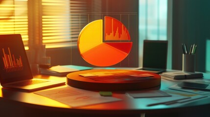 Poster - A D financial pie chart hovering above a business desk, representing revenue distribution, with documents and laptops surrounding it.