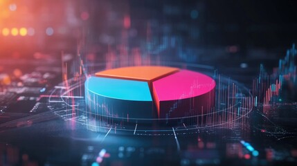 Poster - A D pie chart floating in a digital space with each segment vividly colored and detached, symbolizing data distribution and market analysis.
