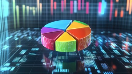 Poster - A D pie chart floating in a digital space with each segment vividly colored and detached, symbolizing data distribution and market analysis.