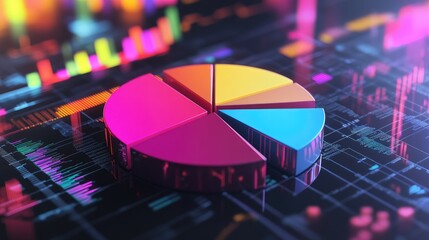 Poster - A D pie chart floating in a digital space with each segment vividly colored and detached, symbolizing data distribution and market analysis.