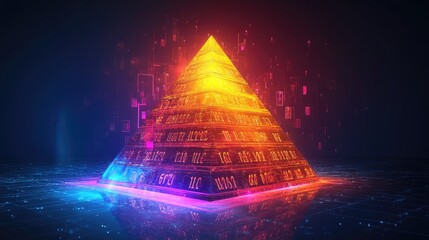 Poster - A D pyramid chart with levels ascending, each layer representing a different statistic, with glowing digital numbers floating around it.