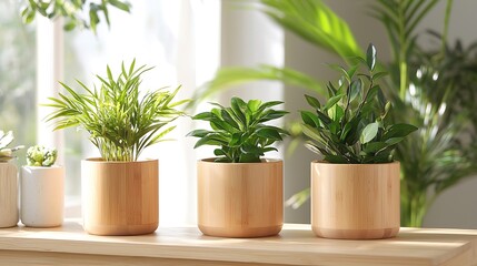 Canvas Print - Three potted houseplants on a wooden shelf by a window, bathed in sunlight.