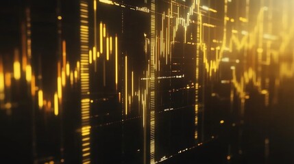 Poster - A financial chart with golden lines and bar graphs, emphasizing upward trends, and presented on a dark digital screen to symbolize investment growth