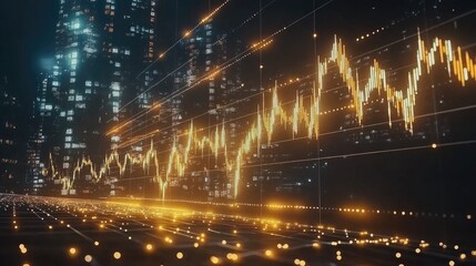 Poster - A financial chart with golden lines and bar graphs, emphasizing upward trends, and presented on a dark digital screen to symbolize investment growth