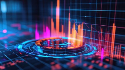 Poster - A futuristic D circular graph with translucent segments, hovering in a digital grid environment, showcasing a breakdown of financial data.