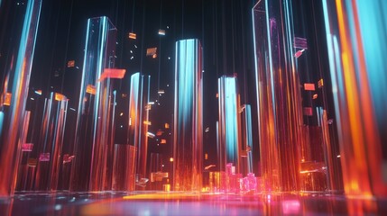 Poster - A futuristic D bar chart with reflective metallic bars towering upwards, showcasing positive financial trends, surrounded by floating data points.