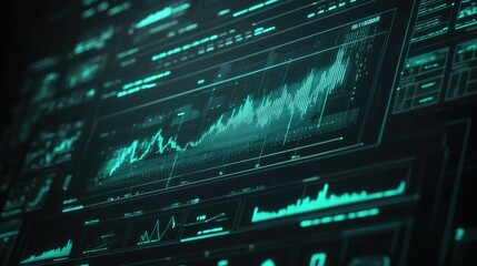 Poster - A futuristic financial chart with glowing lines and bars on a digital screen, showing rising business profits and market share growth.
