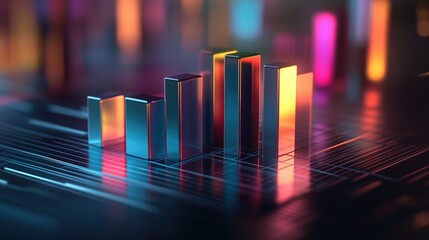 Poster - A glowing D bar graph with metallic, multicolored bars representing financial data, set on a sleek, futuristic digital platform with soft shadows.