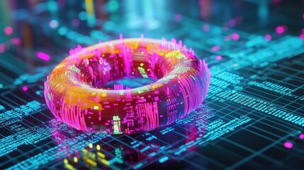 Poster - A high-tech D donut chart with neon-colored segments rotating around a central axis, surrounded by digital data points in a futuristic space.
