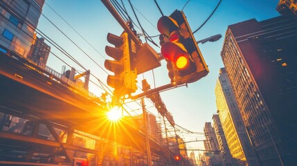 Poster - A low-angle view of a traffic light at sunset, casting long shadows on the street below, evoking a sense of calm and routine in daily city life