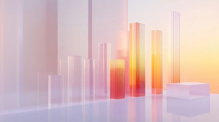 Poster - A modern D bar chart with segmented, transparent bars floating above a financial data surface, showcasing clear and impactful business performance metrics.