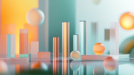 Poster - A modern D bar chart with segmented, transparent bars floating above a financial data surface, showcasing clear and impactful business performance metrics.