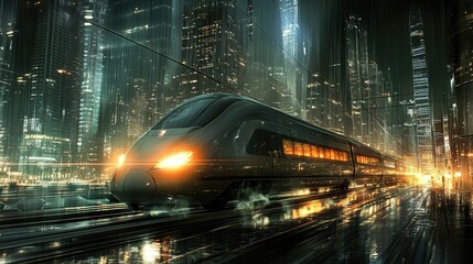 Poster - A night scene of a high-speed train crossing a cityscape, with the lights reflecting off its metallic surface, creating a modern and dynamic atmosphere