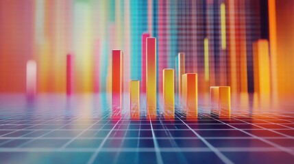 Poster - A reflective D bar graph with vibrant colors and soft shadows, depicting financial growth statistics, floating above a grid-patterned digital surface.
