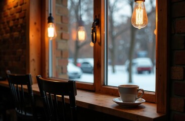 Wall Mural - A lovely cup of coffee rests on the window sill of a cozy restaurant