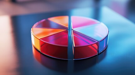 Poster - A sleek D pie chart with glass-like segments, reflecting light in a modern, minimalist setting, emphasizing data distribution and insights.