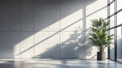 Wall Mural - Sunlit minimalist interior with concrete wall and potted plant.