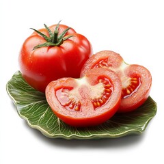 Wall Mural - Two large ripe tomatoes on a leaf-shaped plate, one cut into wedges, isolated on white.