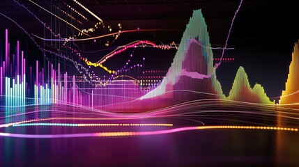 Poster - A vibrant financial line graph with multiple colorful lines rising, depicting market trends, set in a futuristic office environment.