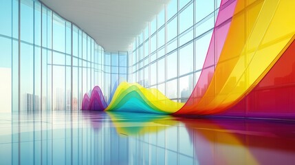 Poster - A vibrant financial line graph with multiple colorful lines rising, depicting market trends, set in a futuristic office environment.