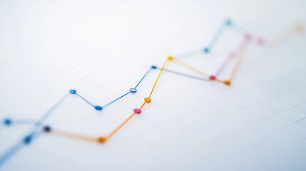 Poster - Business line graph with multiple colors, curved lines, and data points on a minimalist white background, showing financial trends