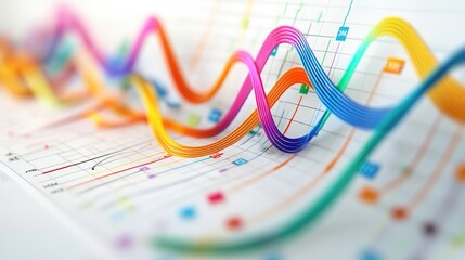 Poster - Business line graph with multiple colors, curved lines, and data points on a minimalist white background, showing financial trends