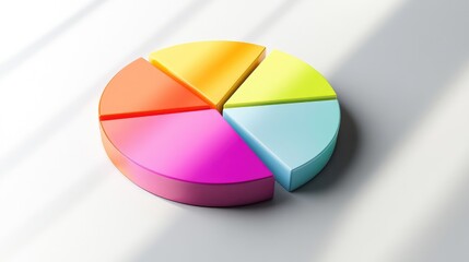 Fototapete - Colorful D pie chart with segmented slices in bright shades, placed on a white surface with shadow effects, symbolizing data analysis