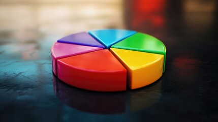 Poster - Colorful D pie chart with translucent segments, placed on a dark, reflective surface with soft lighting, symbolizing data visualization