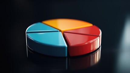 Poster - Colorful D pie chart with translucent segments, placed on a dark, reflective surface with soft lighting, symbolizing data visualization