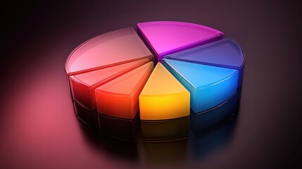 Poster - Colorful D pie chart with translucent segments, placed on a dark, reflective surface with soft lighting, symbolizing data visualization
