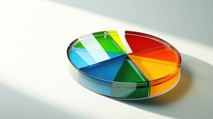 Poster - Dynamic D pie chart with glass segments of various colors, standing on a matte surface with shadows, symbolizing data allocation