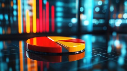 Poster - Dynamic pie chart with vibrant segments in a D style, on a glossy surface, representing financial data distribution in a modern business context