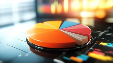 Poster - Dynamic pie chart with vibrant segments in a D style, on a glossy surface, representing financial data distribution in a modern business context