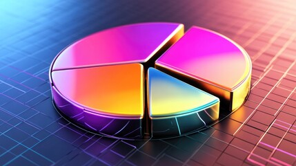 Poster - Metallic D pie chart with segmented slices and reflective highlights, arranged on a digital grid, illustrating financial breakdowns