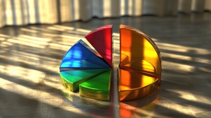 Poster - Metallic D pie chart with segmented slices and reflective highlights, arranged on a digital grid, illustrating financial breakdowns