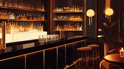 Wall Mural - A polished black bar illuminated by soft amber pendant lighting