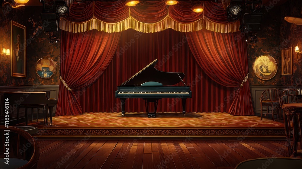 Amber light casts soft shadows on a jazz club stage framed by intricate ...