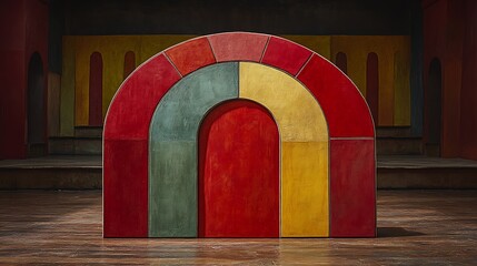 Colorful arched wooden structure on a stage.