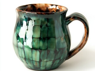 A decorative ceramic mug with a glossy green and brown glaze.