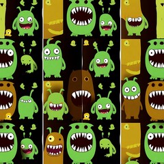 Wall Mural - Cute Monsters Pattern: A playful and vibrant seamless pattern featuring adorable green and brown monsters with toothy grins, perfect for adding a touch of fun to any design. 