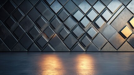 Poster - 3D Diamond Metal Wall Background with Concrete Floor Texture