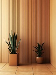 A serene interior featuring two potted plants against a wooden wall.