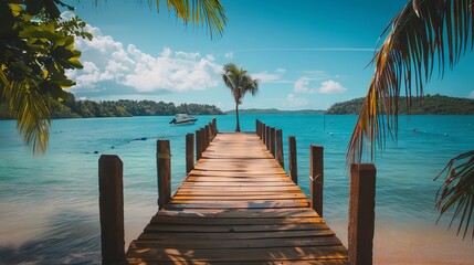 Wall Mural - Long wooden dock stretching over tranquil turquoise waters with lush tropical foliage and clear blue skies