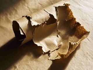 Wall Mural - A curled, weathered piece of parchment with torn edges, suggesting age and fragility.