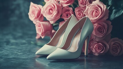 Wall Mural - High Heel Shoes with Pink Roses