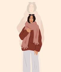 Wall Mural - Illustration of fashionable winter girl on light pink background.