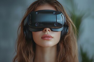 Poster - Young Woman Wearing VR Headset Exploring Career Possibilities in Classroom Concept of Ambition through Immersive Education